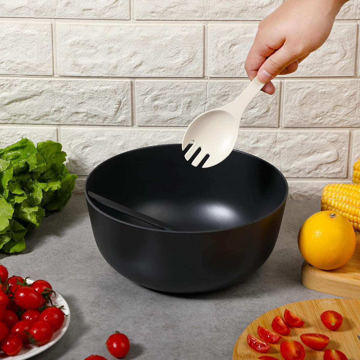 - Large Salad Bowl with Wooden Lid, 10 Inch/108 Oz, Black, Bamboo Fiber Salad Bowl with Serving Utensils, Wide Applications
