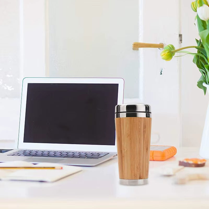 Bamboo Coffee Cup Stainless Steel Coffee Travel Mug with Leak-Proof Cover Insulated Coffee Accompanying Cup Reusable Cup