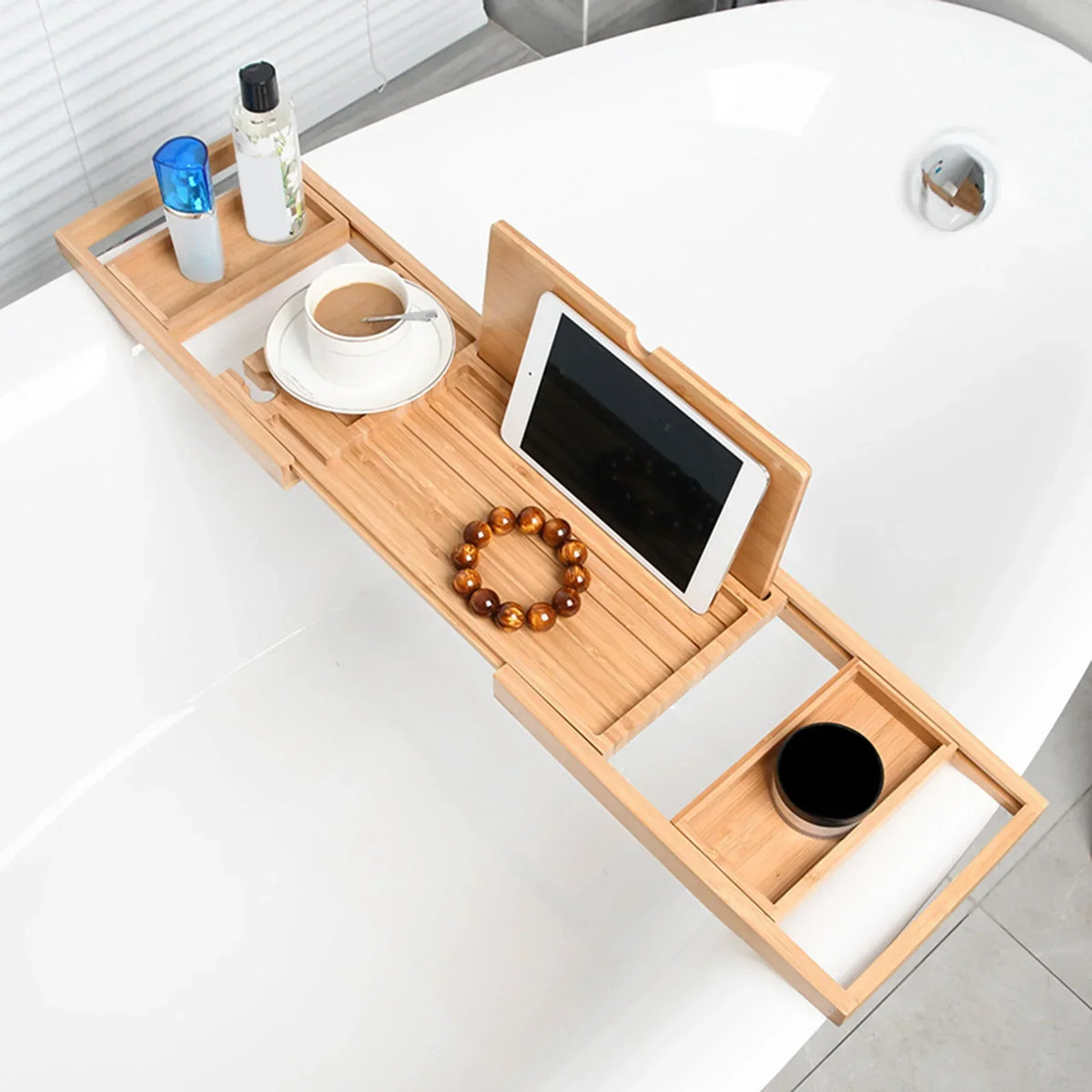 Bathtub Caddy Tray Expandable to 105Cm with Bamboo Book Stand and Soap Tray,