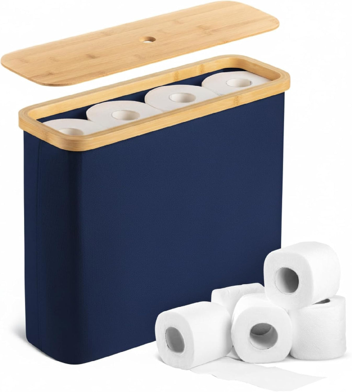 - Toilet Paper Storage with Bamboo Lid for 12 Rolls, Dark Blue, Waterproof Bamboo Toilet Paper Holder Basket