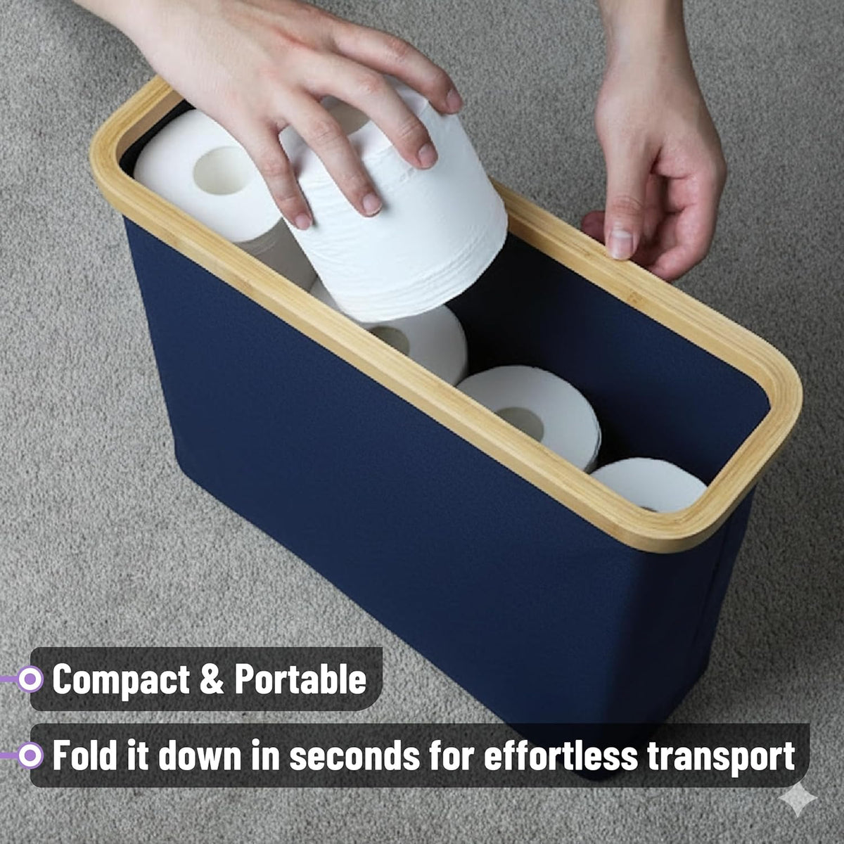 - Toilet Paper Storage with Bamboo Lid for 12 Rolls, Dark Blue, Waterproof Bamboo Toilet Paper Holder Basket