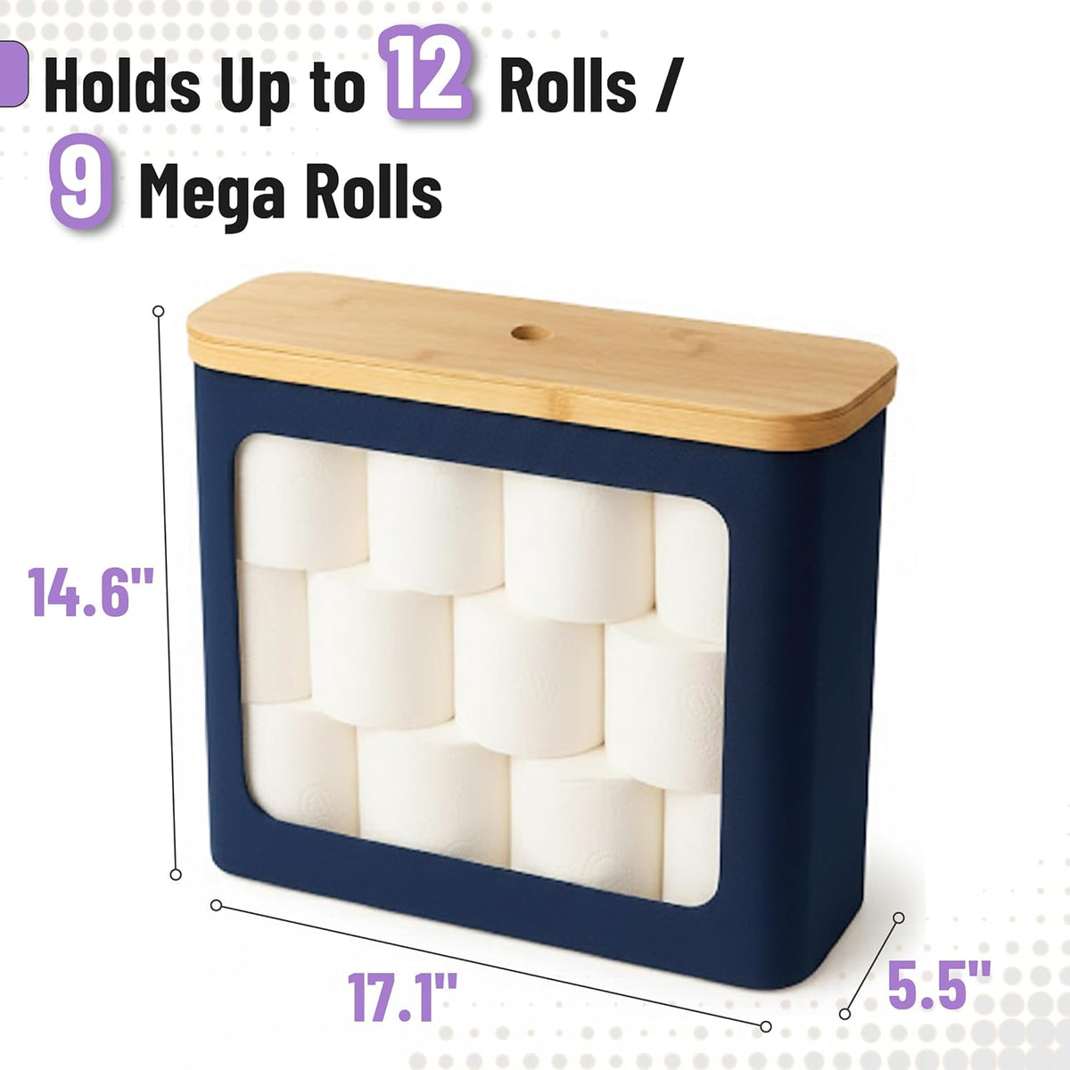 - Toilet Paper Storage with Bamboo Lid for 12 Rolls, Dark Blue, Waterproof Bamboo Toilet Paper Holder Basket