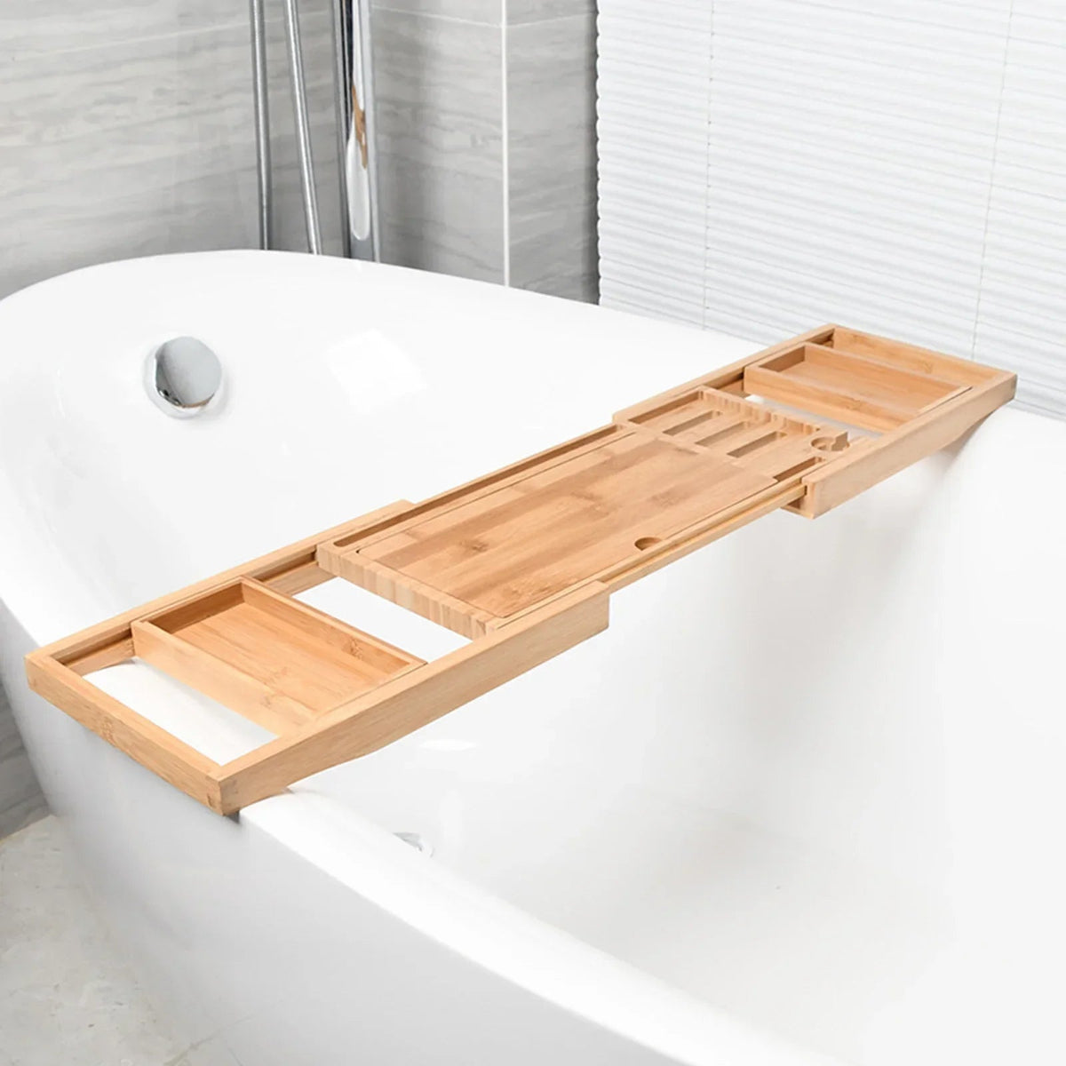 Bathtub Caddy Tray Expandable to 105Cm with Bamboo Book Stand and Soap Tray,